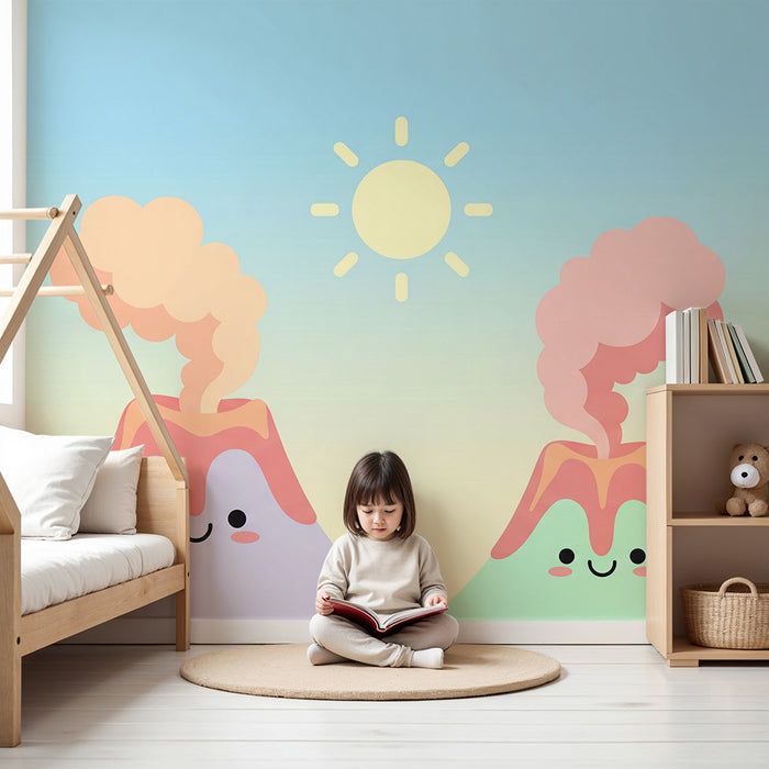 Kids room wallpaper | Smiling volcanoes under a pastel sky