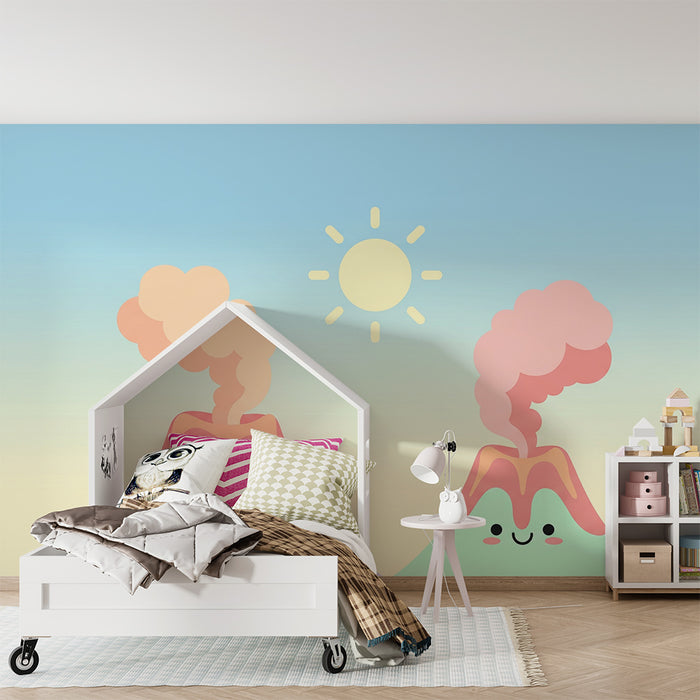 Kids room wallpaper | Smiling volcanoes under a pastel sky