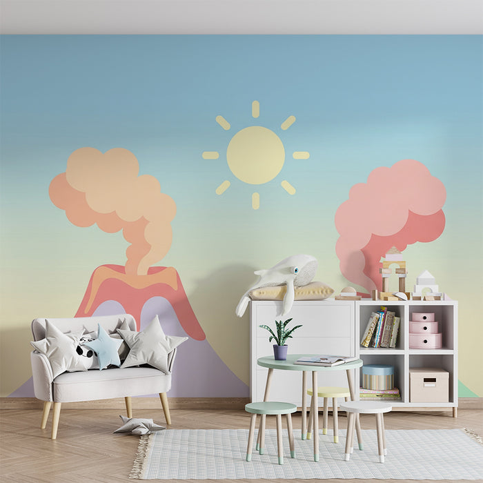Kids room wallpaper | Smiling volcanoes under a pastel sky