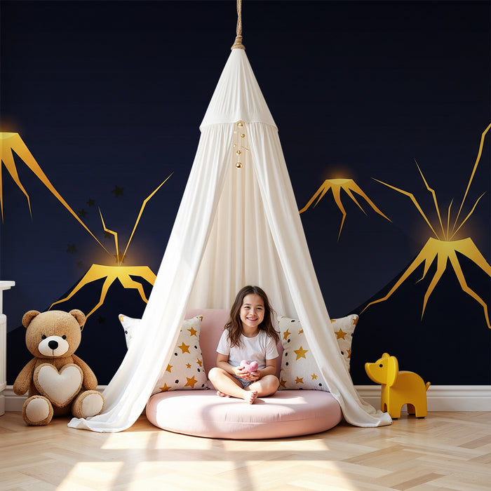 Kinderzimmer Tapete | Stilisierte Vulkane beleuchtet auf dunklem Hintergrund