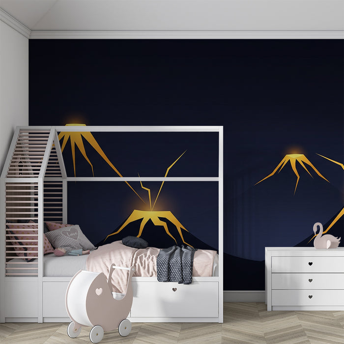 Kinderzimmer Tapete | Stilisierte Vulkane beleuchtet auf dunklem Hintergrund