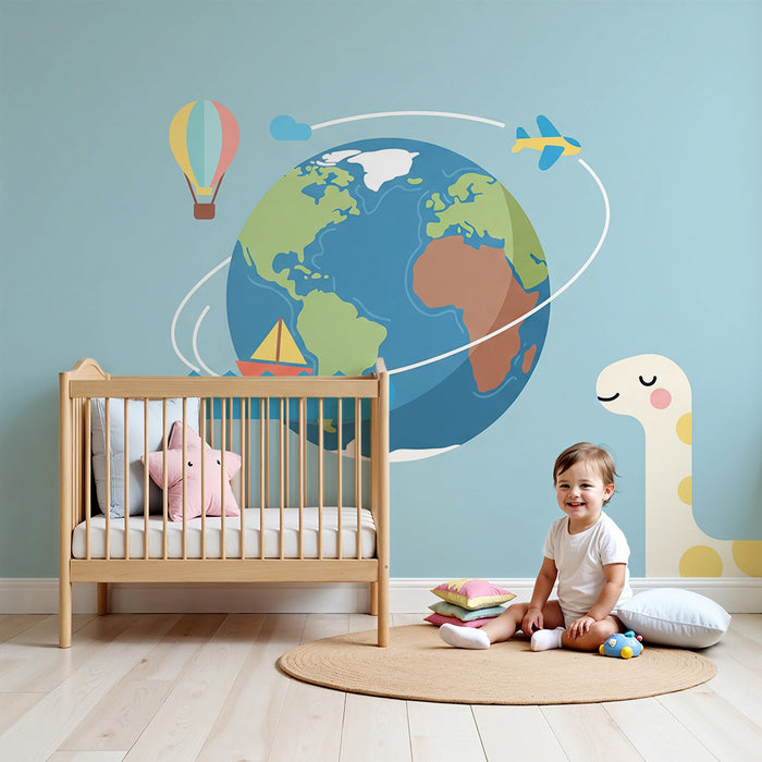 Tapety dla dzieci | Podróż dookoła świata z dinozaurem i środkami transportu