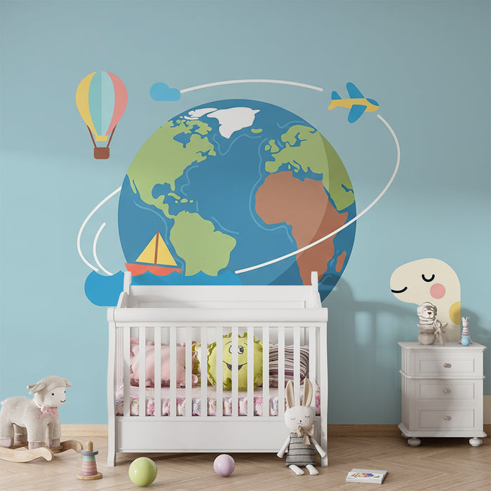 Tapety dla dzieci | Podróż dookoła świata z dinozaurem i środkami transportu