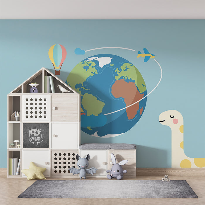 Tapety dla dzieci | Podróż dookoła świata z dinozaurem i środkami transportu