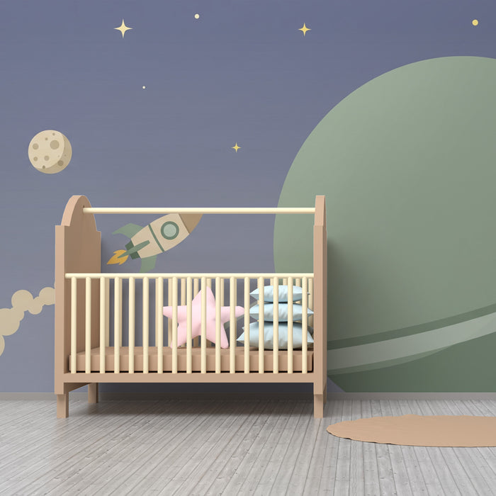 Carta da parati bambini | Viaggio con razzo e pianeta verde