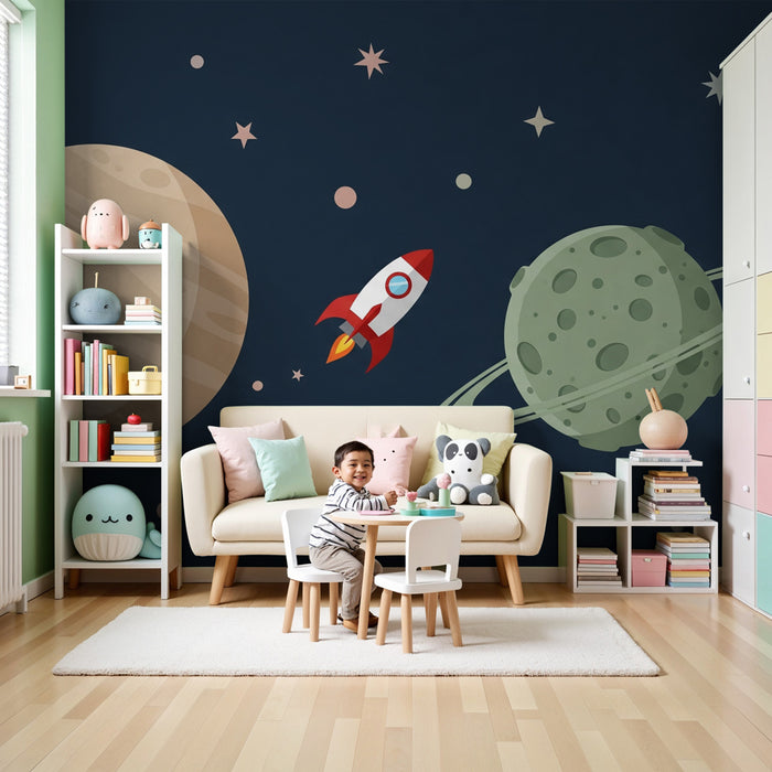 Kids room wallpaper | Space travel with rocket and planets
