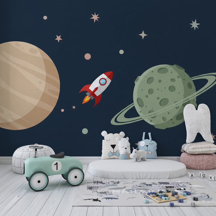 Kids room wallpaper | Space travel with rocket and planets