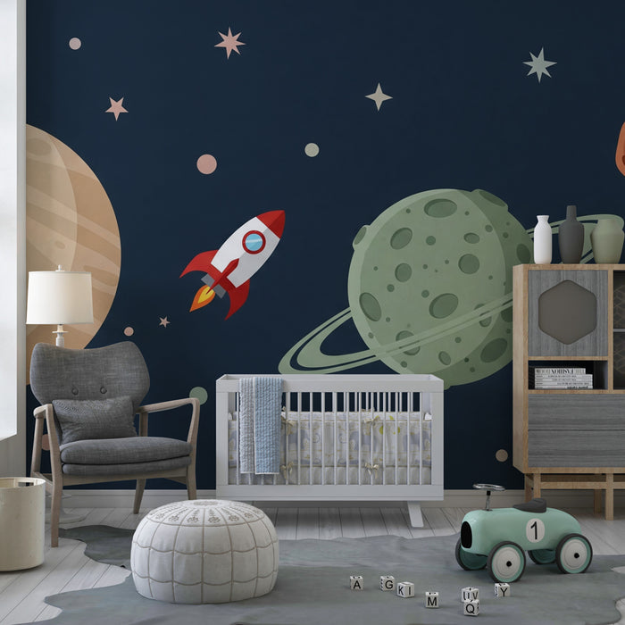 Kids room wallpaper | Space travel with rocket and planets