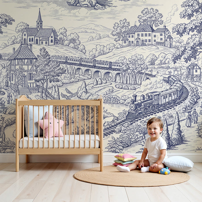 Papier peint chambre enfant | Voyage en train à travers un paysage bucolique