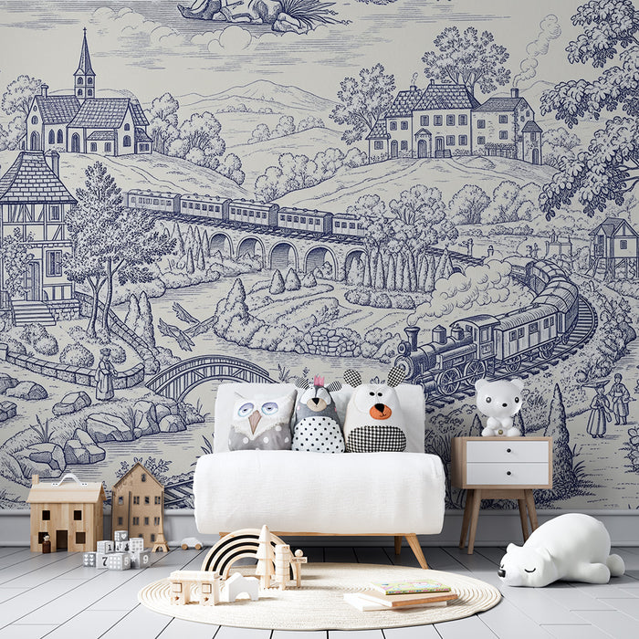 Papier peint chambre enfant | Voyage en train à travers un paysage bucolique