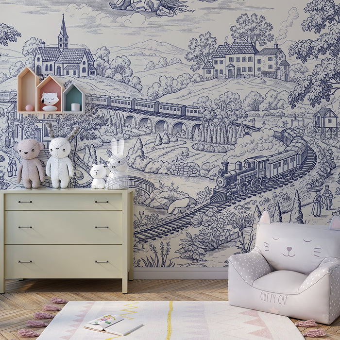 Papier peint chambre enfant | Voyage en train à travers un paysage bucolique