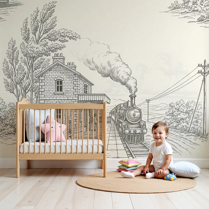 Papier peint chambre enfant | Voyage en train à vapeur avec gare vintage