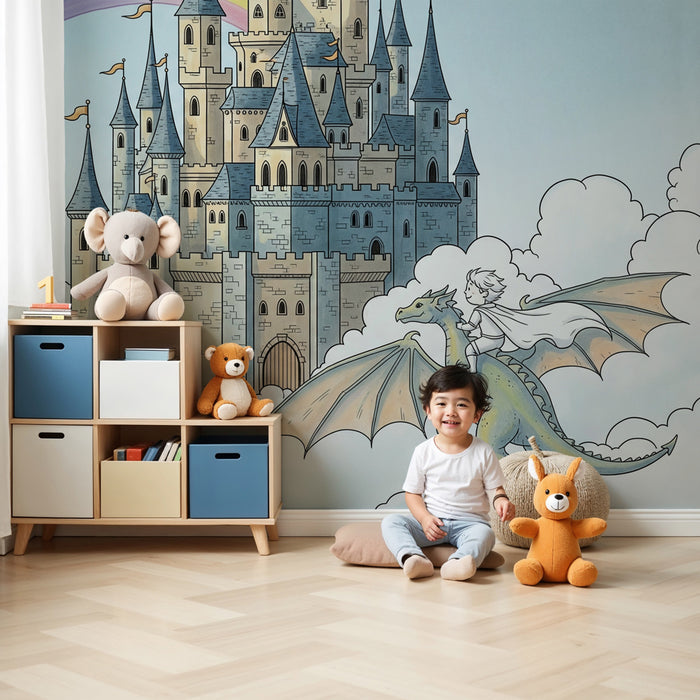 Papel pintado infantil | Viaje fantástico con dragón y castillo