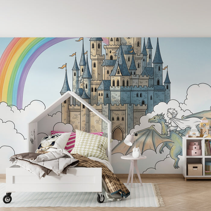 Papel pintado infantil | Viaje fantástico con dragón y castillo