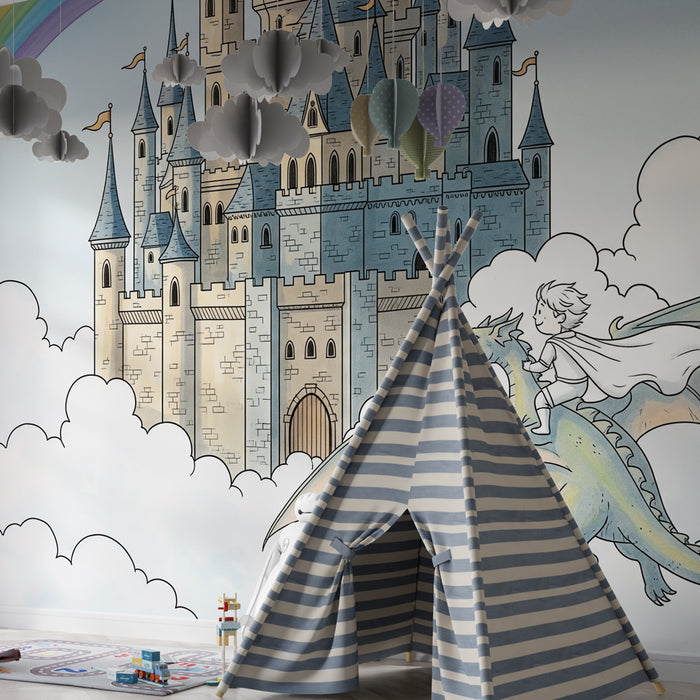 Papel pintado infantil | Viaje fantástico con dragón y castillo