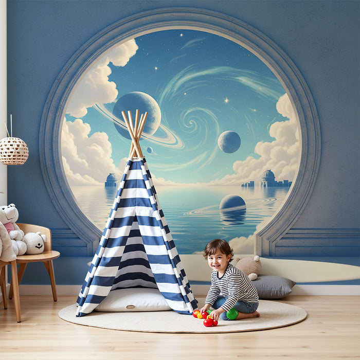 Papier peint chambre enfant | Voyage intergalactique à travers les planètes et les nuages