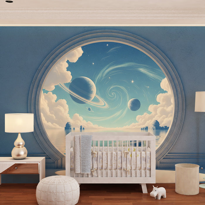 Papier peint chambre enfant | Voyage intergalactique à travers les planètes et les nuages