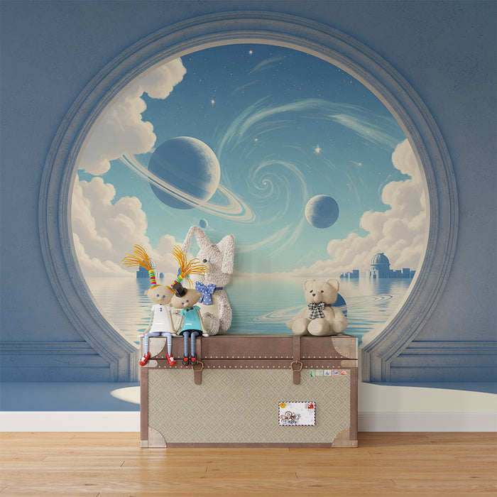 Papier peint chambre enfant | Voyage intergalactique à travers les planètes et les nuages