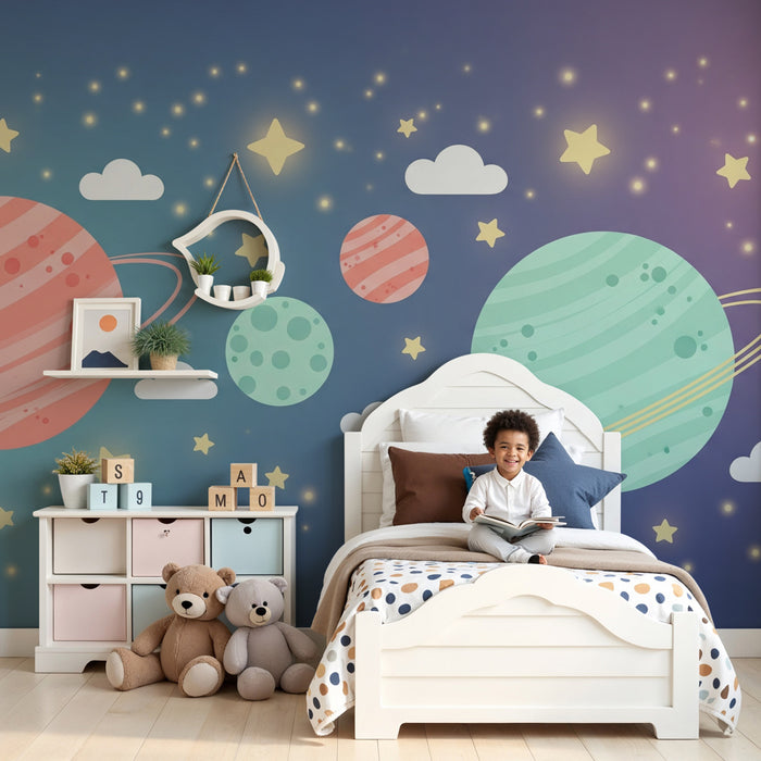Papel pintado infantil | Viaje interestelar con planetas coloridos