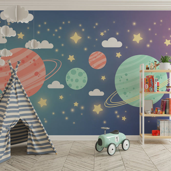 Papel pintado infantil | Viaje interestelar con planetas coloridos