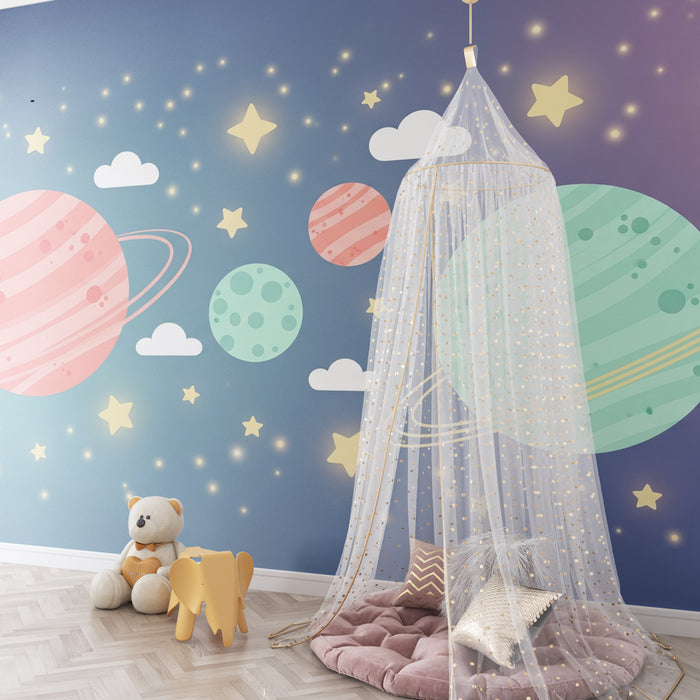 Papel pintado infantil | Viaje interestelar con planetas coloridos
