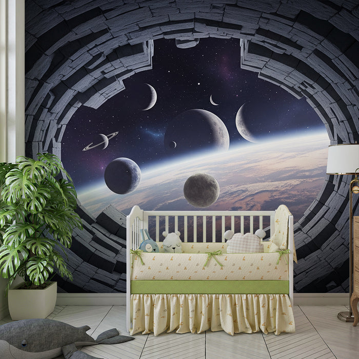 Tapeta do dětského pokoje | Mezigalaktická cesta s planetami a hvězdami