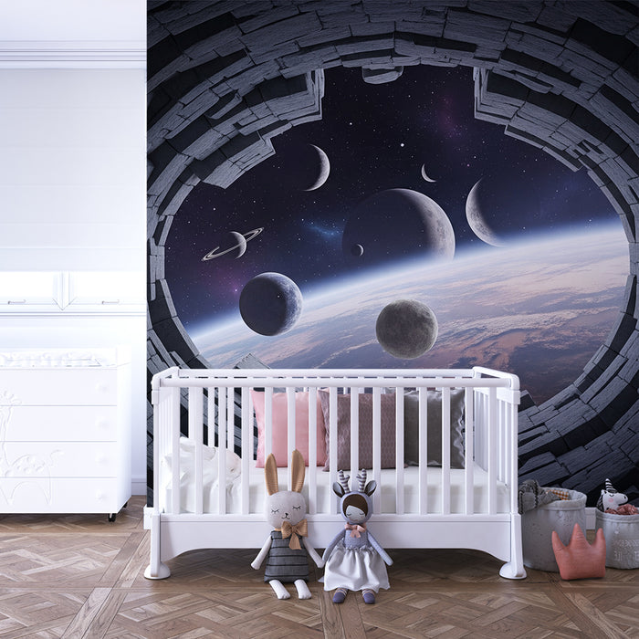 Tapeta do dětského pokoje | Mezigalaktická cesta s planetami a hvězdami