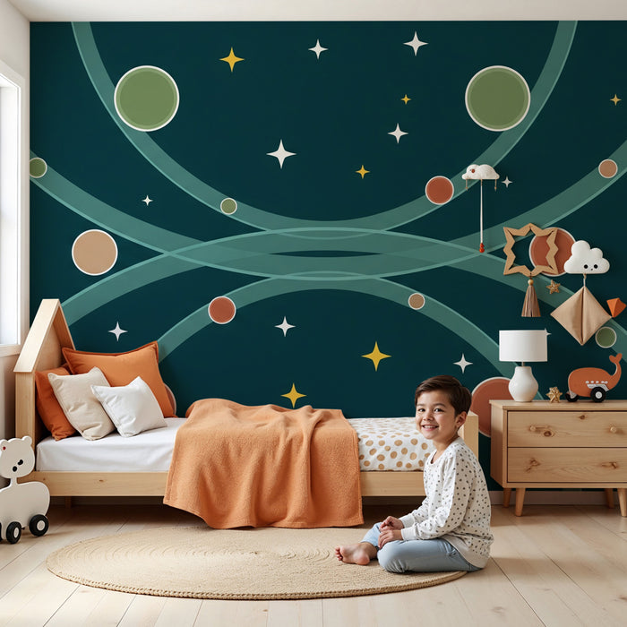 Papel pintado infantil | Viaje interestelar con estrellas y planetas