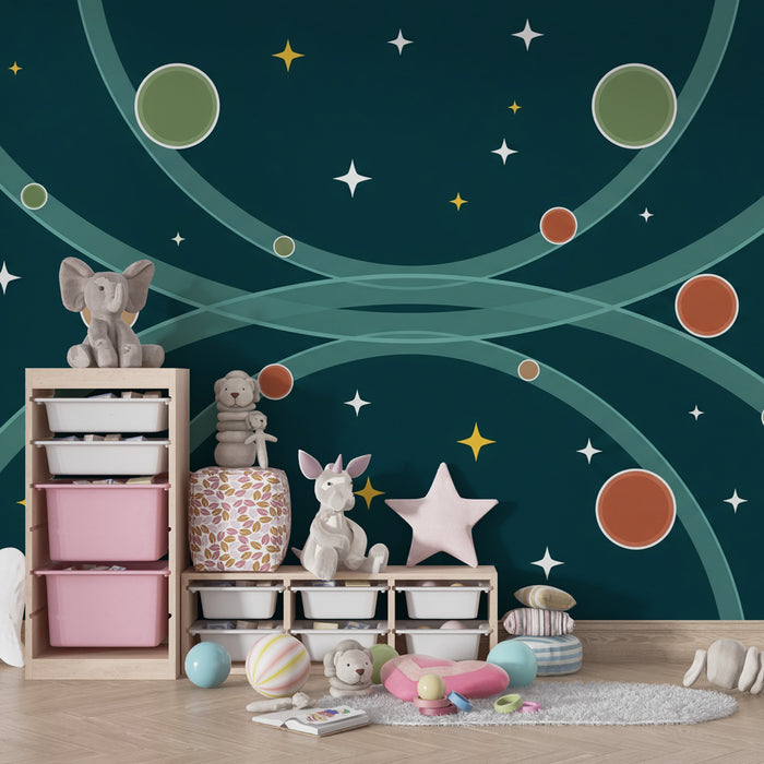Papel pintado infantil | Viaje interestelar con estrellas y planetas