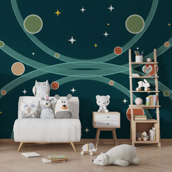 Papel pintado infantil | Viaje interestelar con estrellas y planetas