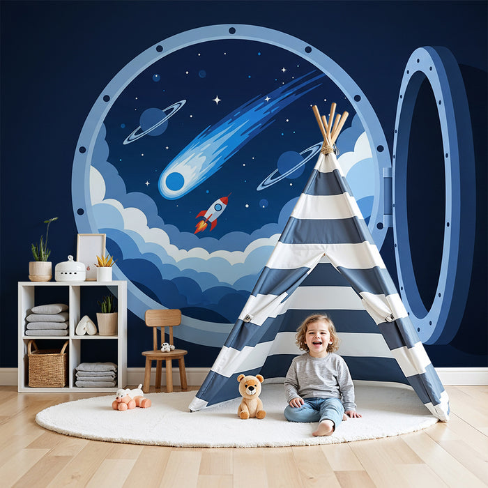 Carta da parati per camera bambini | Viaggio intergalattico con razzo e cometa