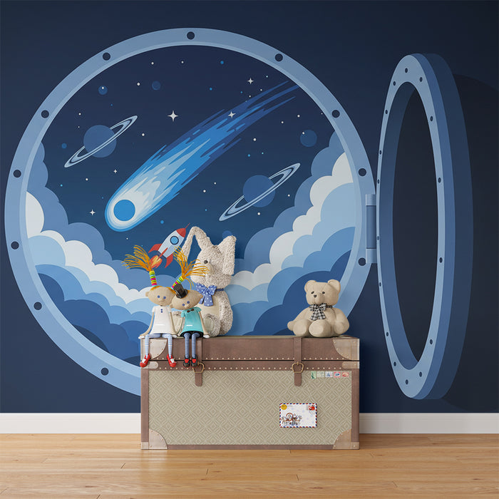 Carta da parati per camera bambini | Viaggio intergalattico con razzo e cometa