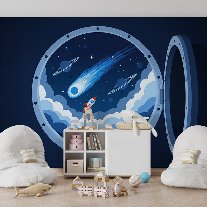 Carta da parati per camera bambini | Viaggio intergalattico con razzo e cometa