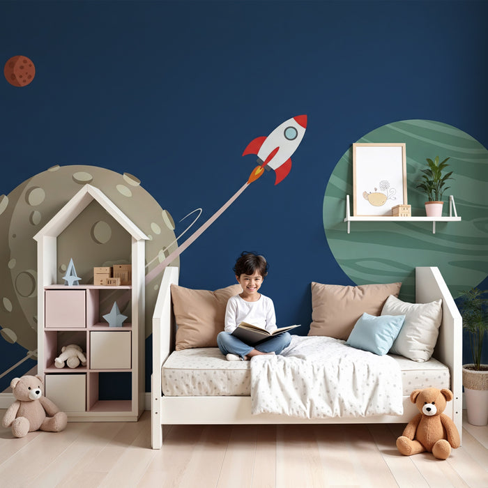 Kinderzimmer Tapete | Interstellare Reise mit Rakete und Planeten