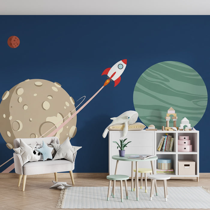 Kinderzimmer Tapete | Interstellare Reise mit Rakete und Planeten