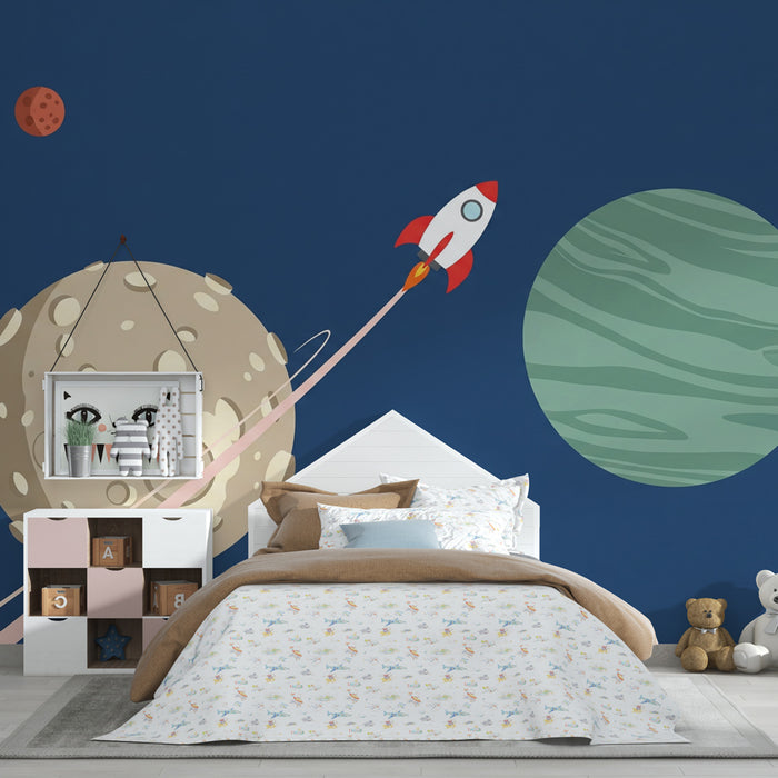 Kinderzimmer Tapete | Interstellare Reise mit Rakete und Planeten