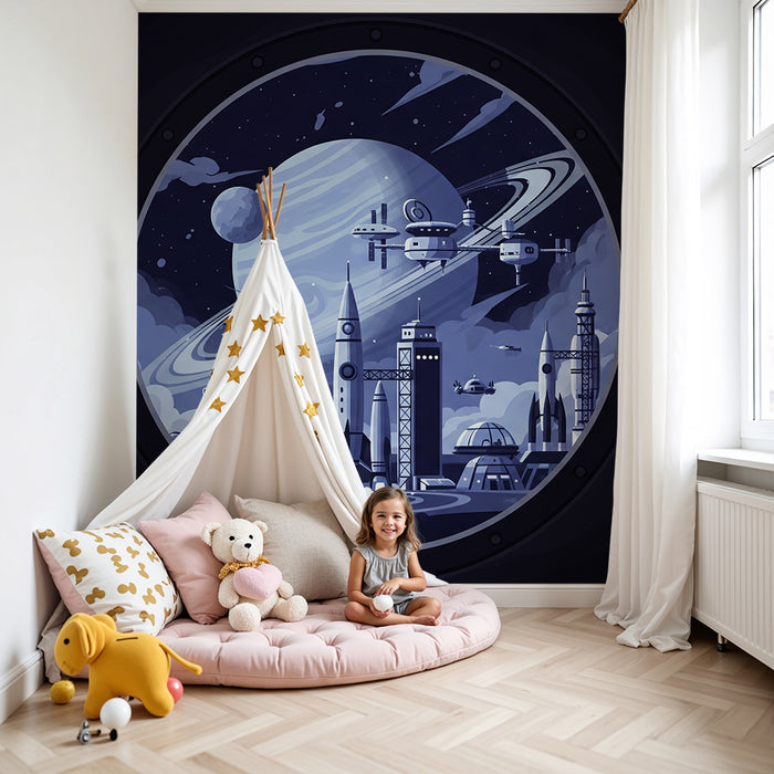Papel de parede para quarto infantil | Viagem intergaláctica com foguetes no espaço