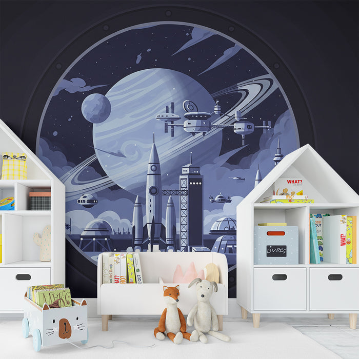 Papel de parede para quarto infantil | Viagem intergaláctica com foguetes no espaço