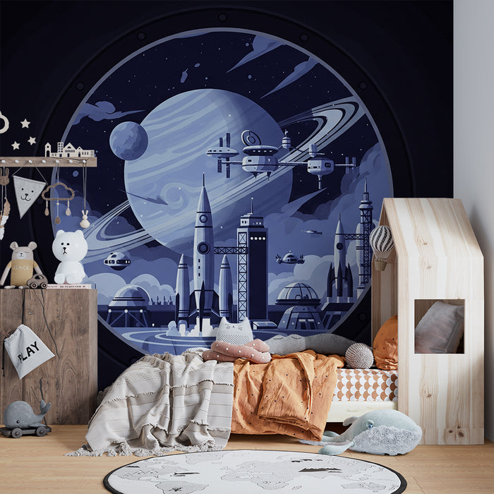 Papel de parede para quarto infantil | Viagem intergaláctica com foguetes no espaço