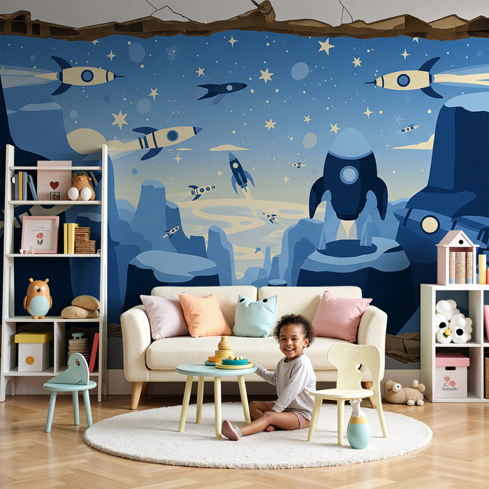 Carta da parati per cameretta dei bambini | Viaggio intergalattico con razzi e stelle