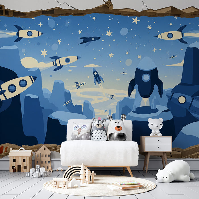 Carta da parati per cameretta dei bambini | Viaggio intergalattico con razzi e stelle