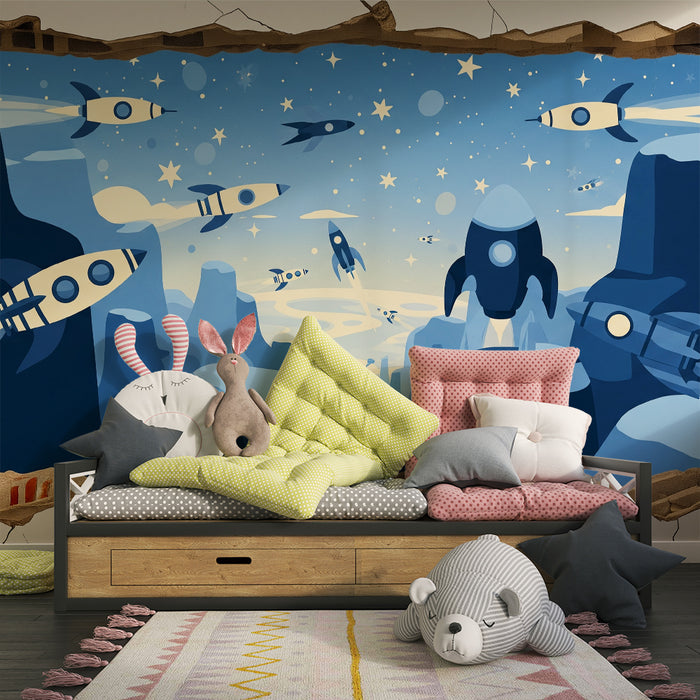 Carta da parati per cameretta dei bambini | Viaggio intergalattico con razzi e stelle