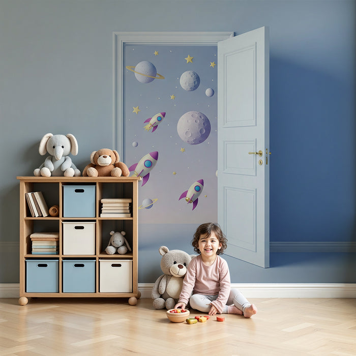 Papier peint chambre enfant | Voyage intergalactique avec fusées et planètes colorées