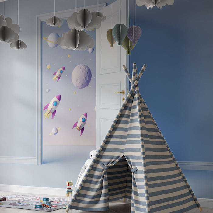 Papier peint chambre enfant | Voyage intergalactique avec fusées et planètes colorées