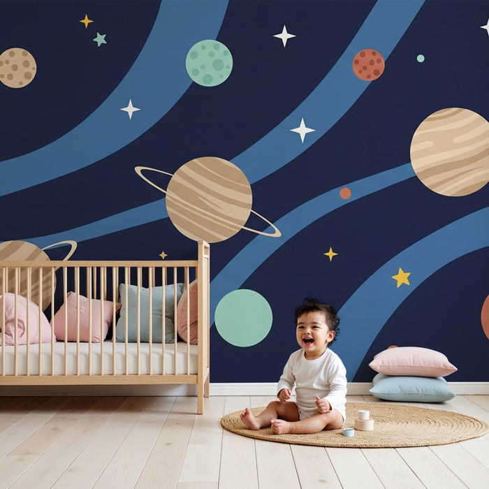 Papel pintado infantil | Viaje interestelar con planetas