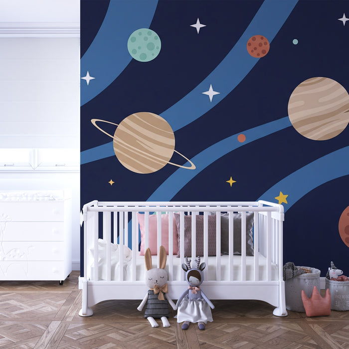 Papel pintado infantil | Viaje interestelar con planetas