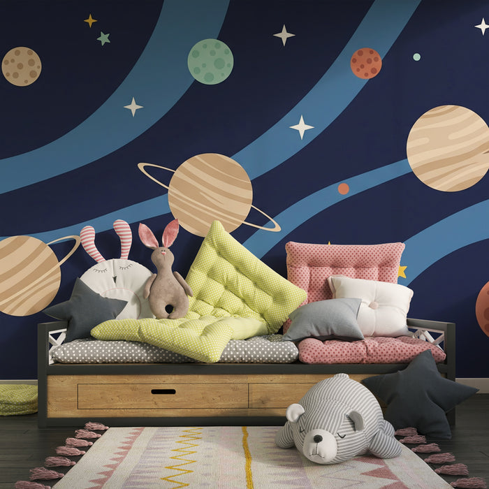 Papel pintado infantil | Viaje interestelar con planetas