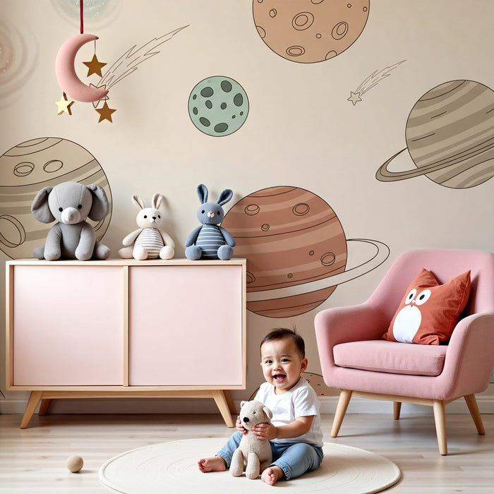 Kinderzimmer Tapete | Intergalaktische Reise mit bunten Planeten und beigem Hintergrund