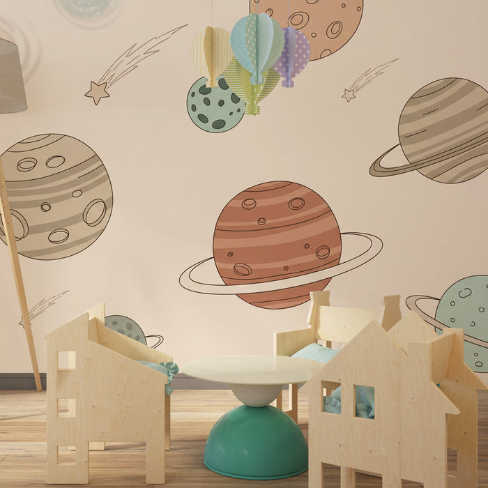 Kinderzimmer Tapete | Intergalaktische Reise mit bunten Planeten und beigem Hintergrund