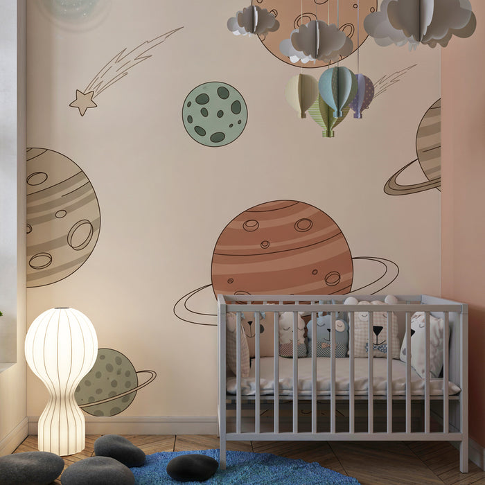 Kinderzimmer Tapete | Intergalaktische Reise mit bunten Planeten und beigem Hintergrund
